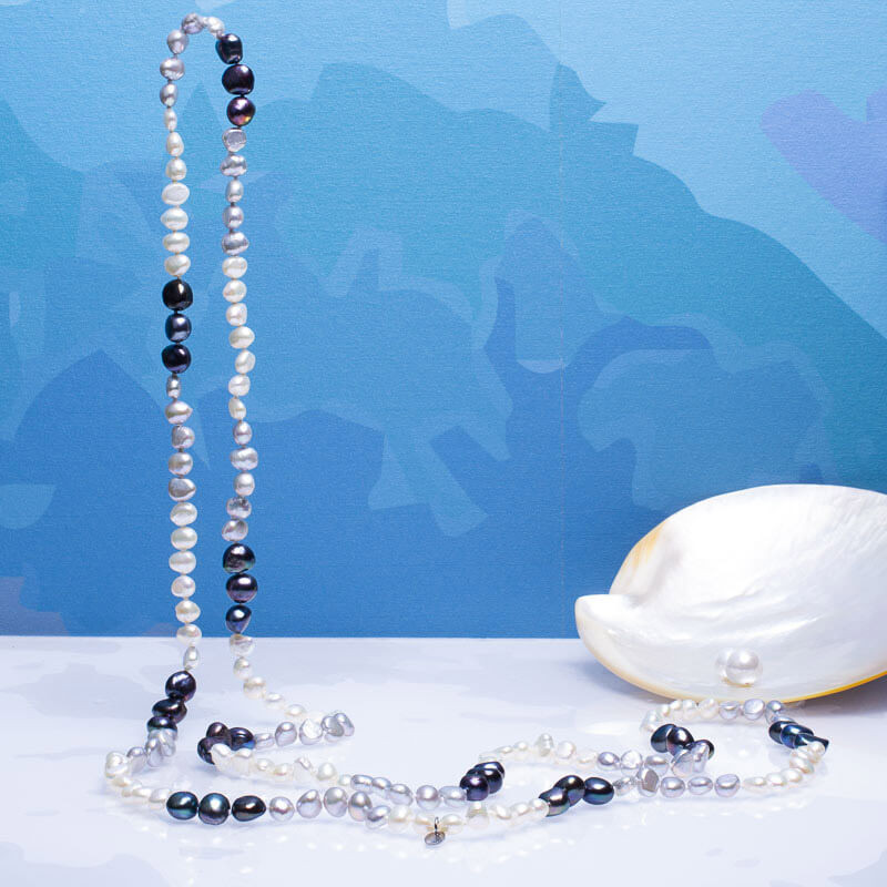 Sautoir perles de culture trio blanc, noir et argenté